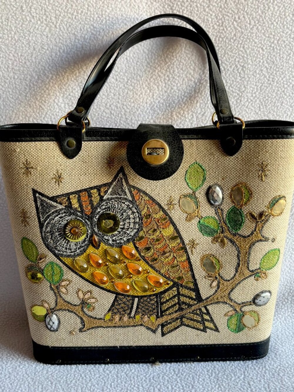 Vintage 1960s Beaded Owl Canvas Tote Purse